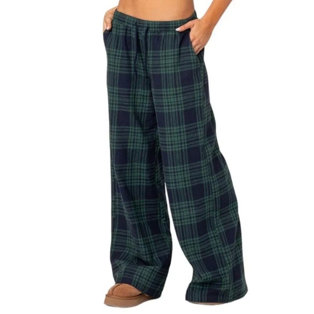 Edikted Pajama Pants Wide Leg Lounge Relax Sleep PJs Plaid Green Women's XS